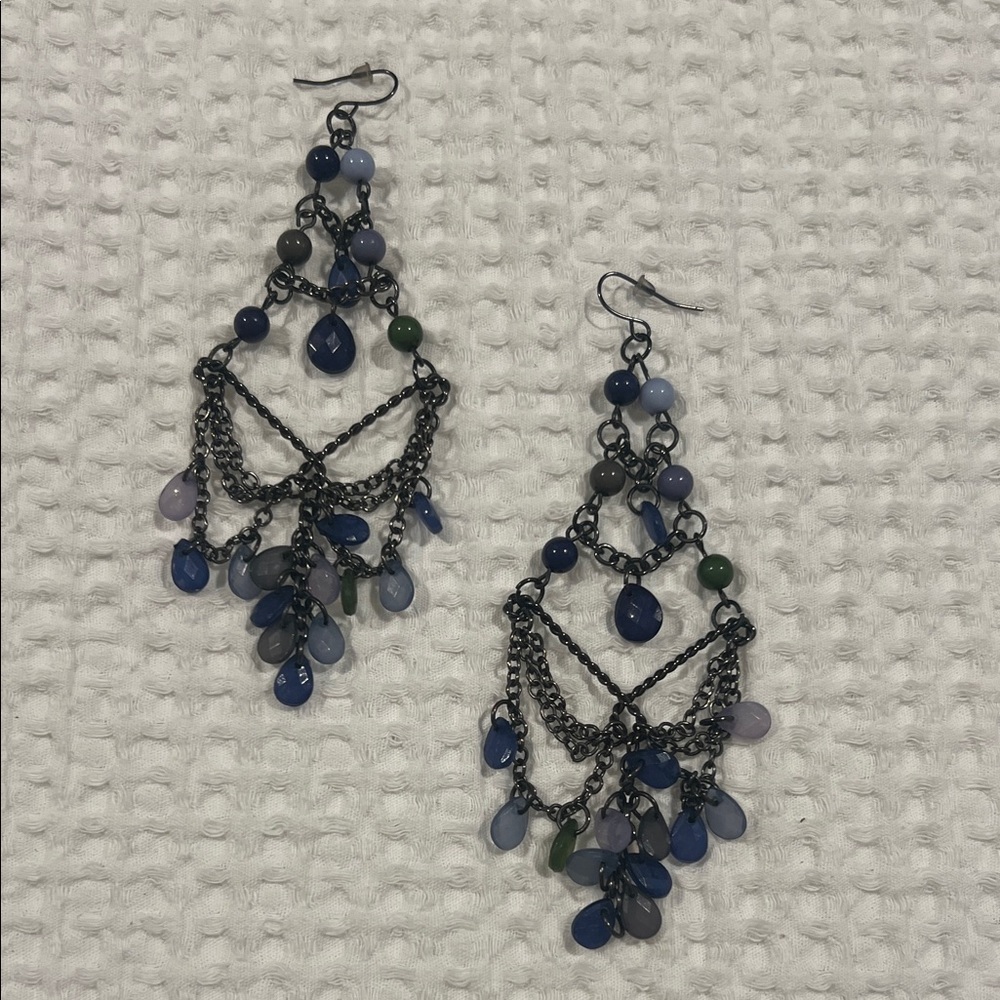 Chandelier Vintage Boho Dangle Earrings Blue Tones Chain 4” Drop